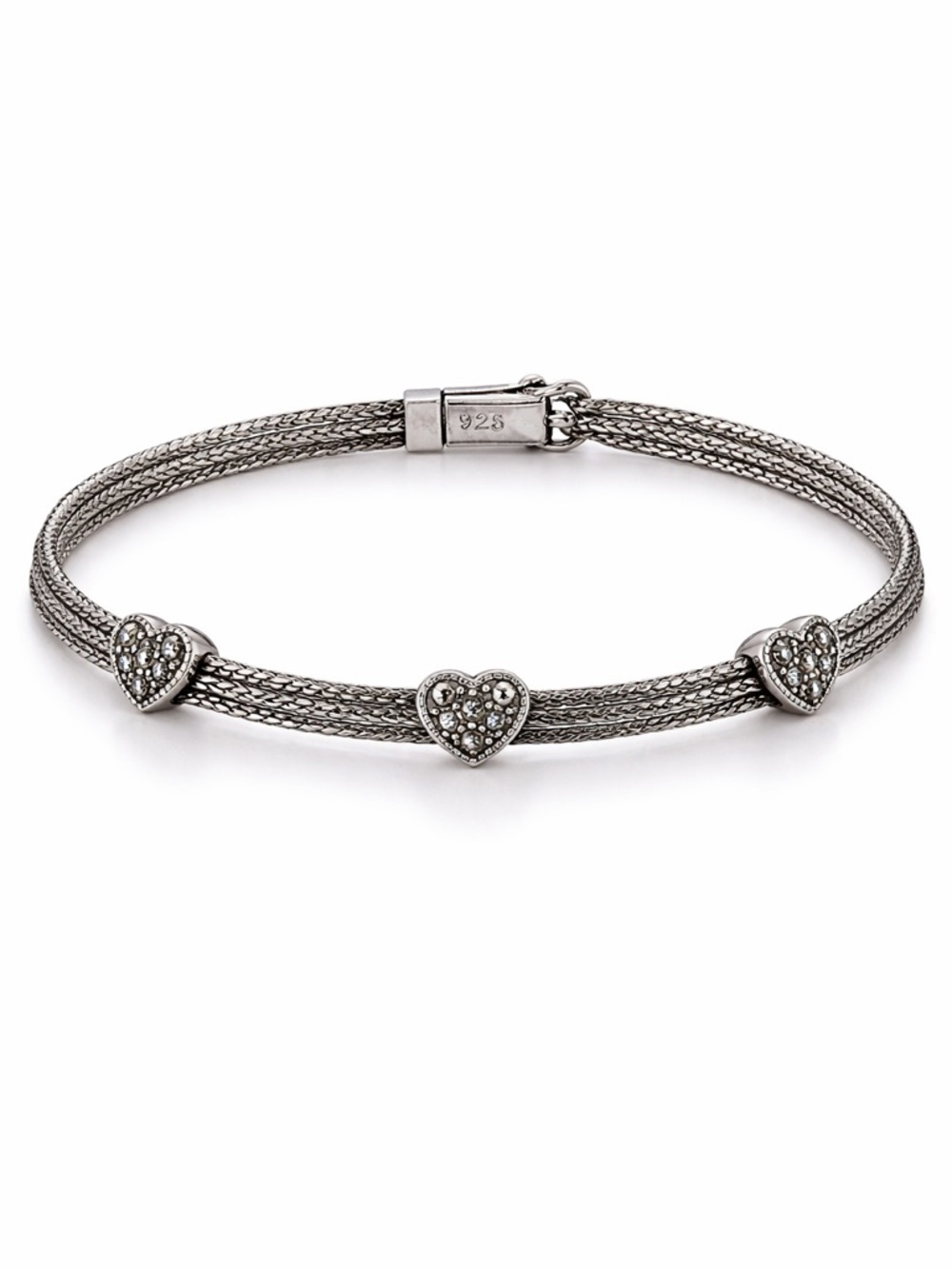 925 Sterling Silver Marcasite Heart Multi Strand Bracelet Vintage Italy Style